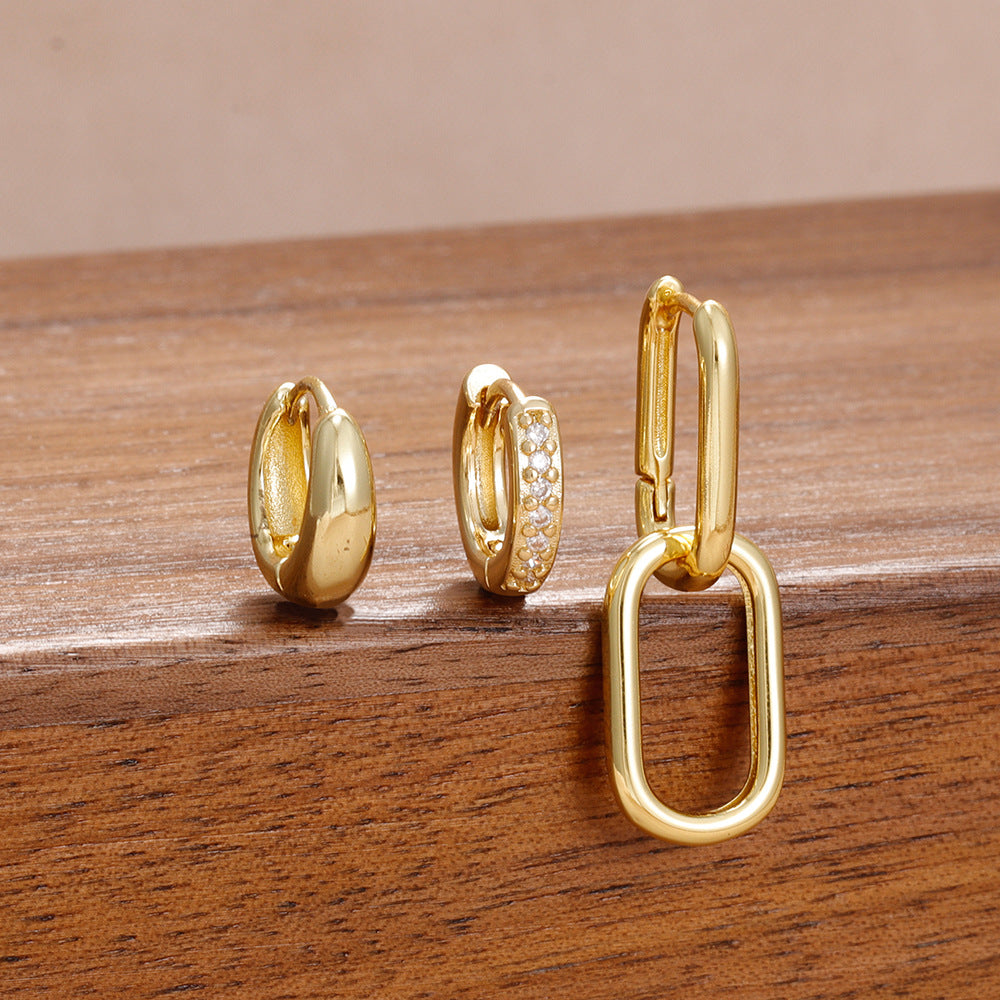 Trio de Brincos Elos e Argolas Cravejadas - Banho de Ouro 18k