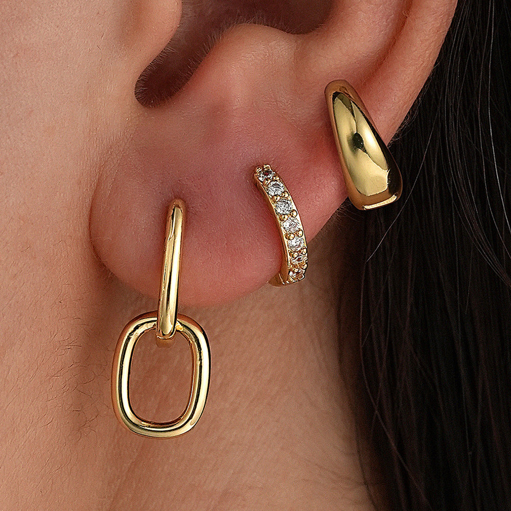 Trio de Brincos Elos e Argolas Cravejadas - Banho de Ouro 18k