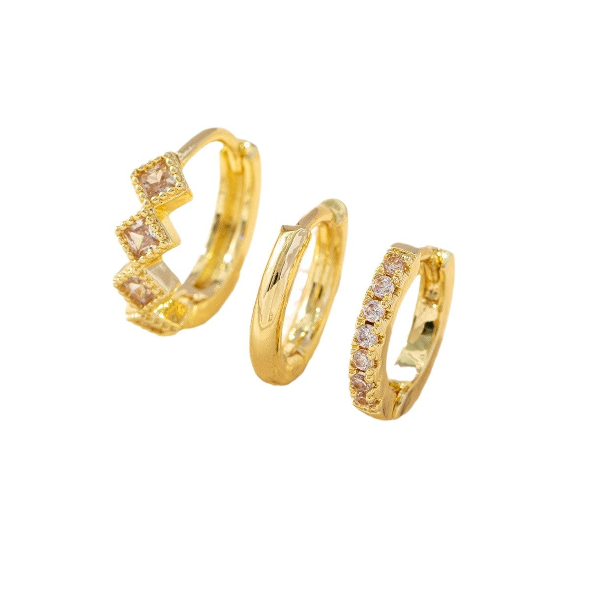 Trio de Brincos Argolas Geométricas e Cravejadas - Banho de Ouro 18k