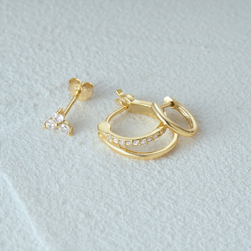 Trio de Brincos Argola Dupla e Ponto de Luz - Banho de Ouro 18k