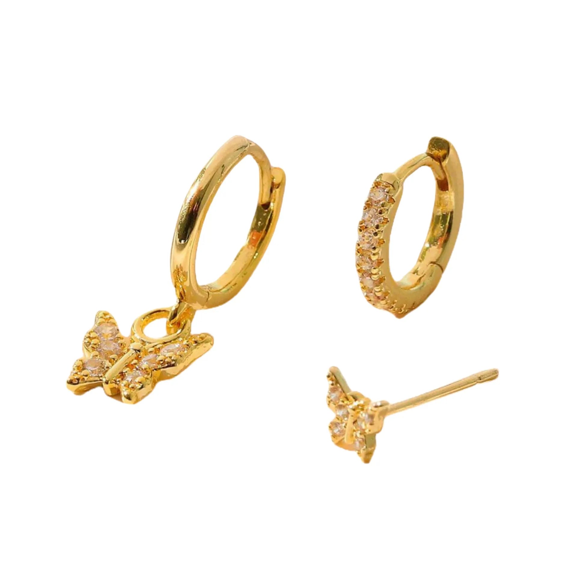 Trio de Brincos Borboletas e Argola Cravejada - Banho de Ouro 18k